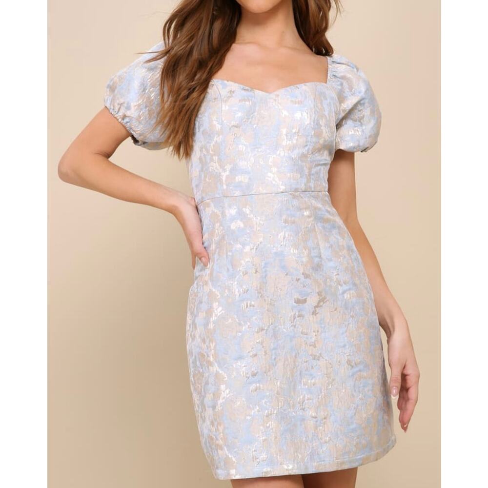 ulus Cutest Praise Blue Floral Jacquard Puff Sleeve Mini Dress L NWT